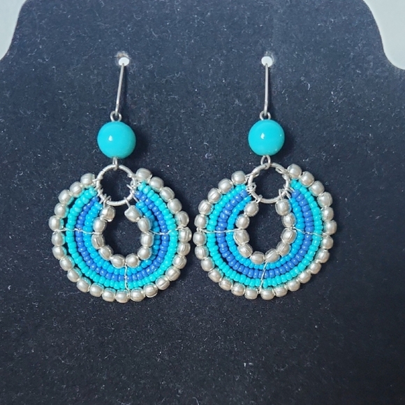 Beaded Dangle Turquoise and Silver Earrings - Picture 3 of 8